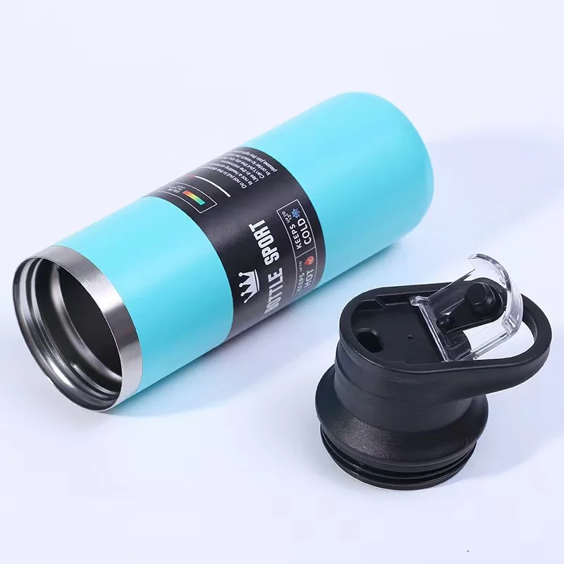 Wholesale 500ml 17oz Powder Coating Double Wall Stainless Steel Flask Sports Hiking Travel Thermos Water Bottle With Lid  Handle