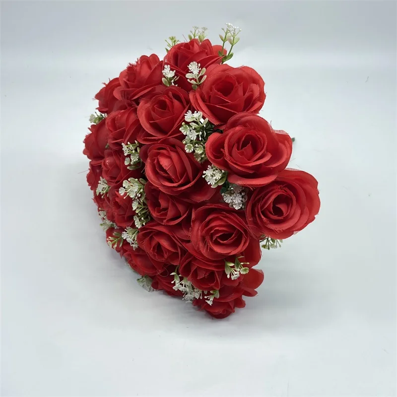 BS0103 Home Flower Arrangement Desktop Decoration 18 Head Red Rose Gypsophila Bridal Wedding Flower Artificial Bouquet