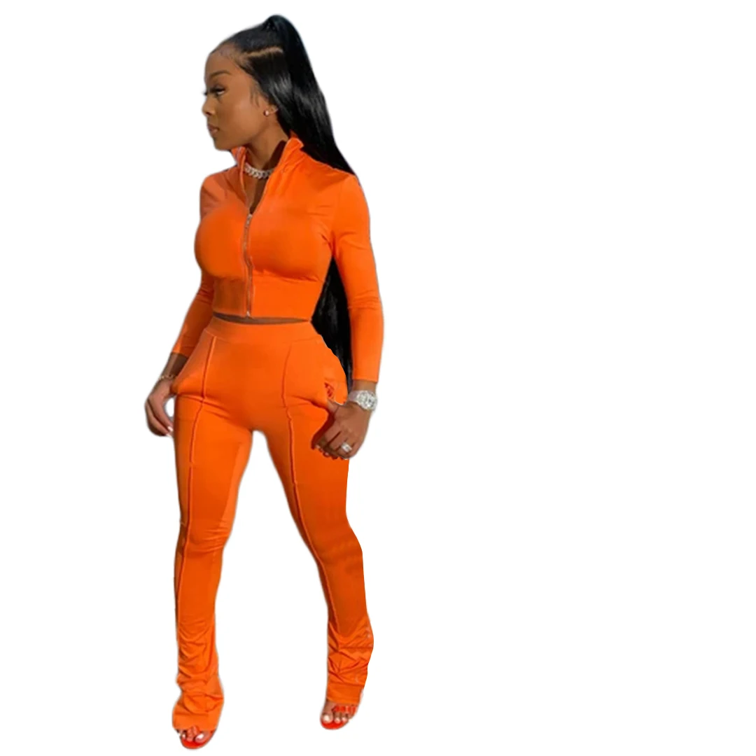 Отправка готовая к отправке оптом ARM8215 однотонный разноцветный модный Женский Повседневный Спортивный плотный комплект из двух предметов на молнии