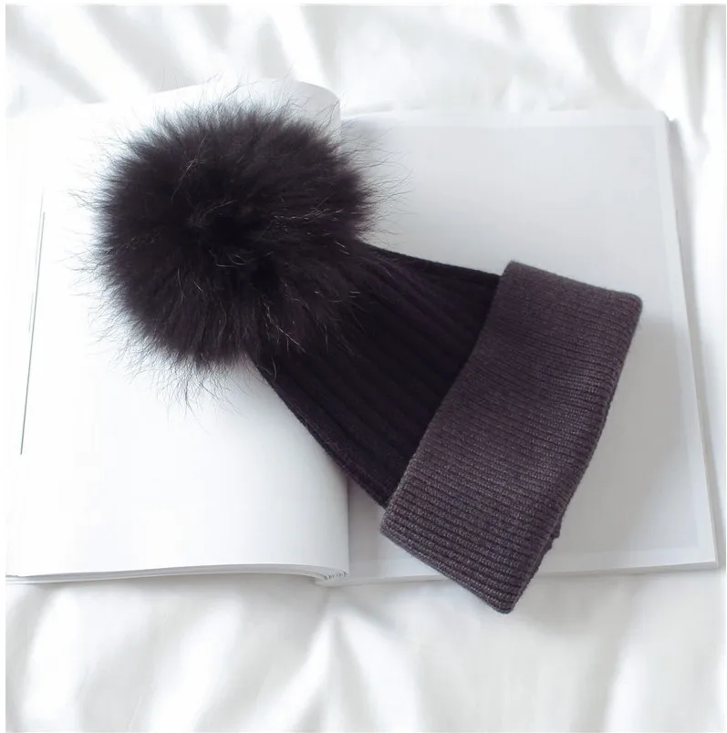 
Winter Beanie Hats With Fox Ball Fashion Hat For Women Big Ball Two Color Stripe Knit Hat 