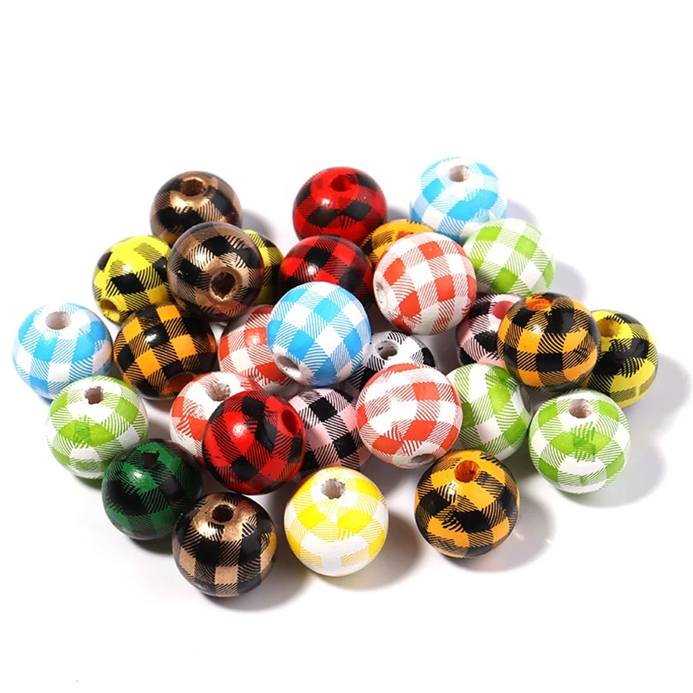 Diy bracelet jewelry accessories plaid stripe printing dyed wood beads colorful houndstooth round loose beads fashion jewelry