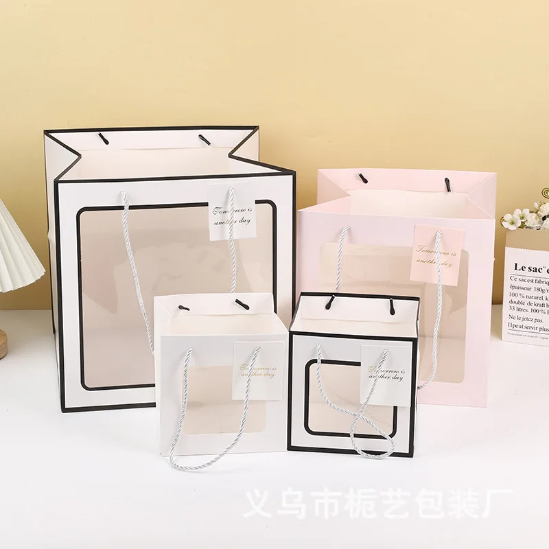 customizable Thickened square packaging flower wide bottom transparent window opening hand-held gift bag, paper bag