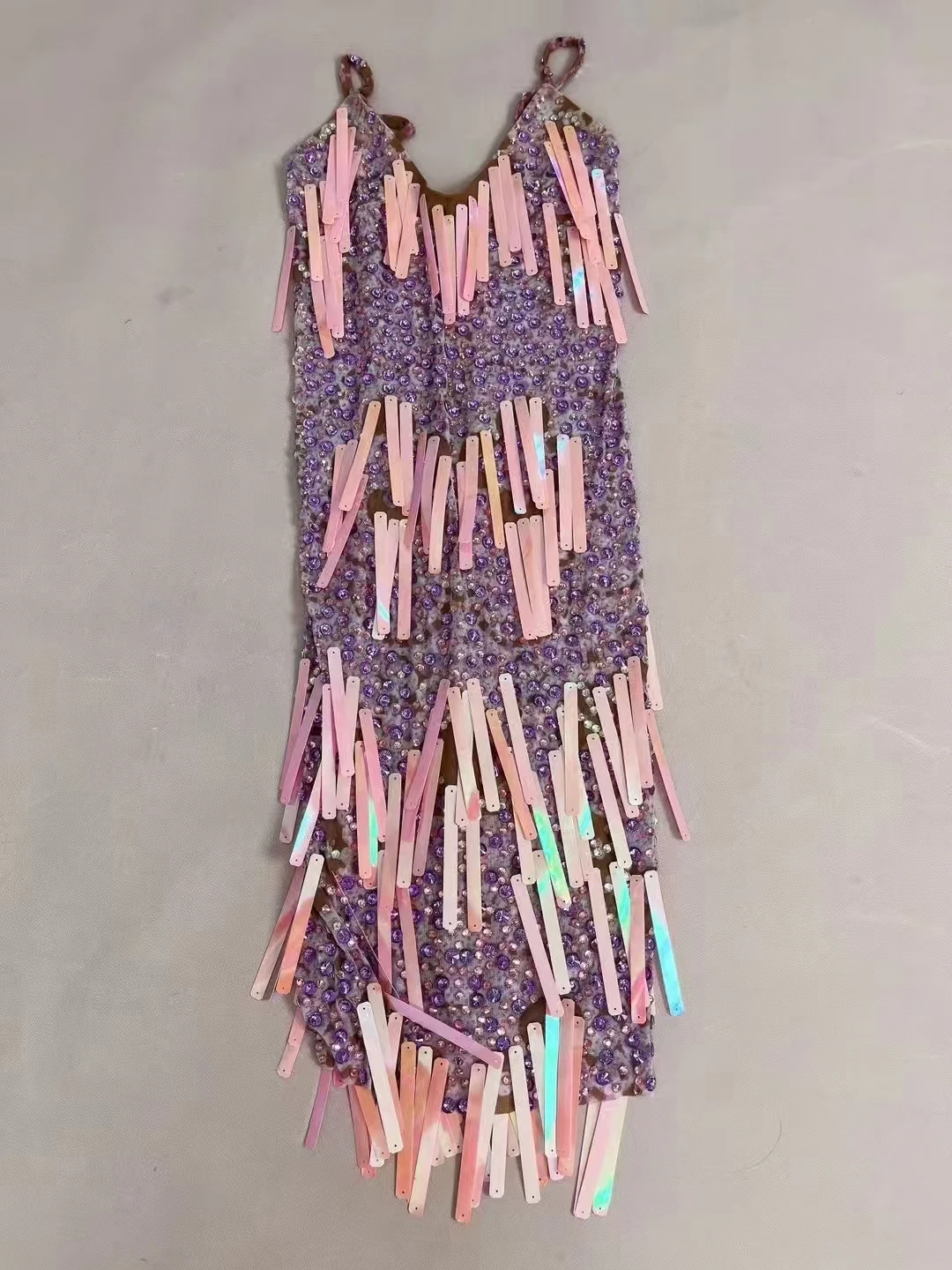 Sparkly Rhinestones Tassel Leotard Adults Fashion Stage Costume Elastic Skinny Sleeveless Fringes Birthday Party Dress Dance