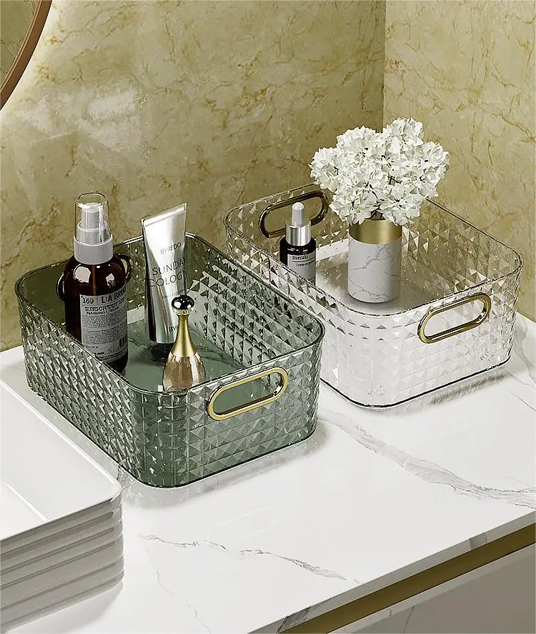 Rectangular Makeup and Vanity Storage Bin Open Compartment Clear Plastic Organize for Hoom