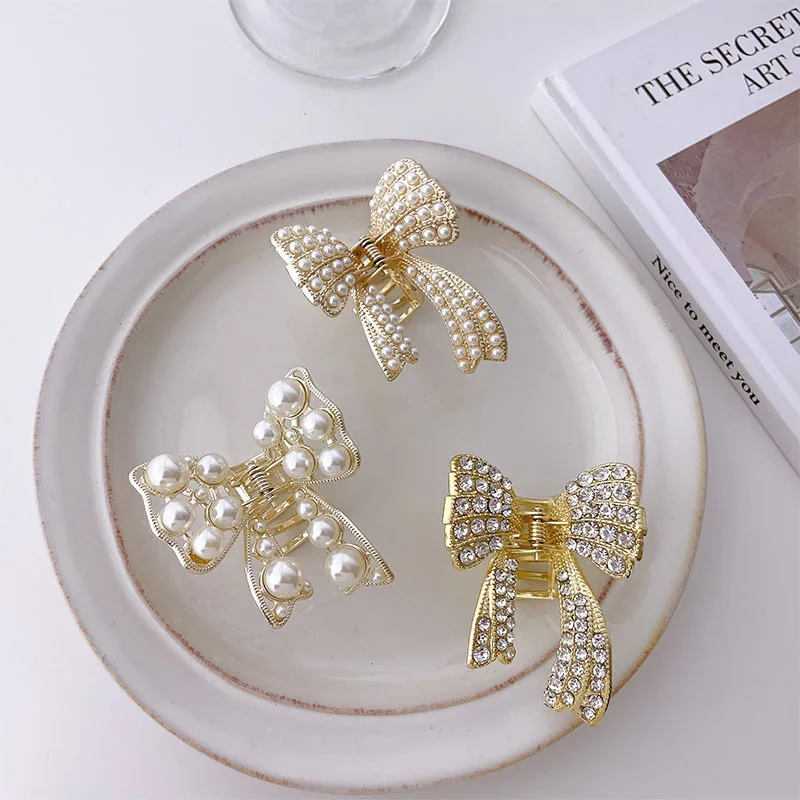 Korean Temperamentalalloy Pearl Rhinestone Bowknot Hairpin Pan Hair Grip Shark Clip Side Clip