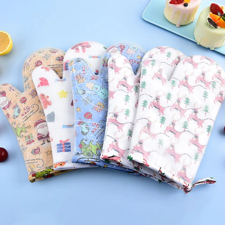Christmas theme Silicone oven Gloves Heat Resistant Double Oven Mitts for Kitchen Cooking BBQ Baking