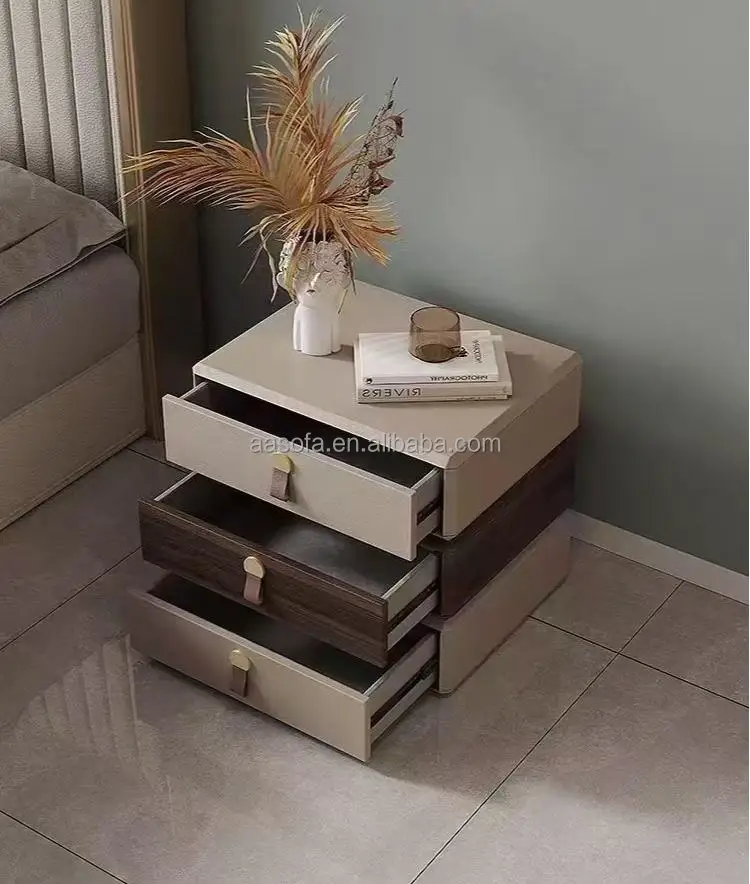 Smart American curved solid oak wood retro bedside table in the bedroom used small floating metal leg night stand gray orange