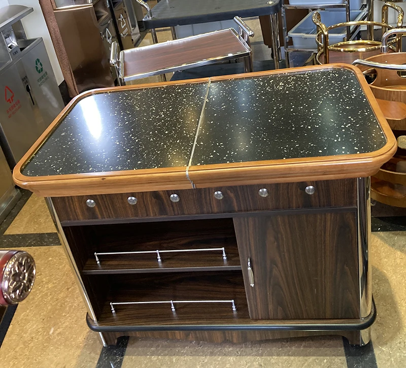 European Style Pull-close Luxury Mahogany Abalone Cart Mobile Flambe Cooking Trolley with Double Gas Stove and Wheels for Hotel