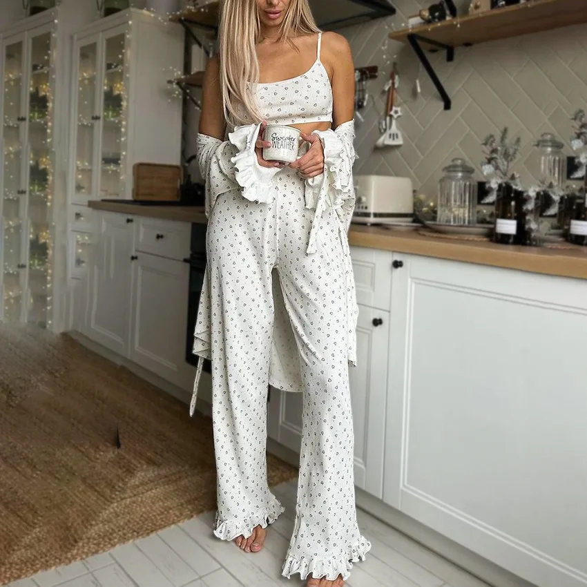 Newest Love print Ruffled Long Sleeve Vest Trousers Pajamas 3 Pieces Women Pajama Sets Home Wear