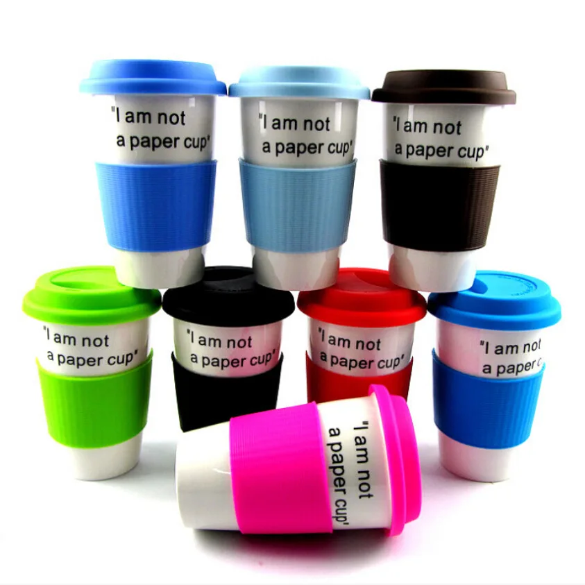 BST Creative milk tea cup custom printing ceramic travel camping mug with silicone lid and sleeve