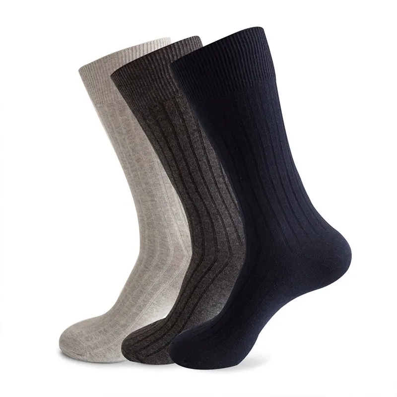 Large Size Custom Double Needles Dress Solid Color Crew Men Socks Combed Cotton Stripe Socks Long Man Sport High Socks