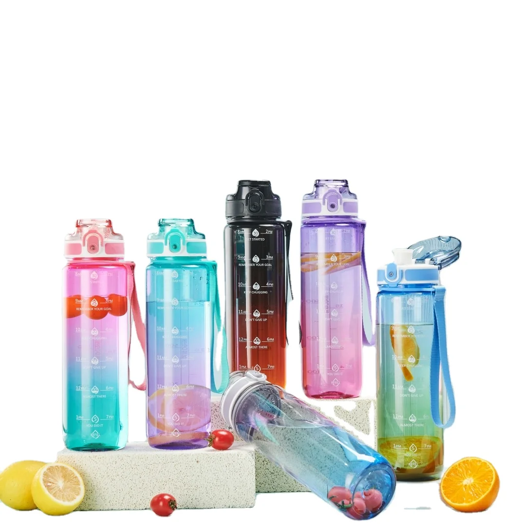 32oz transparent Plastic Water Bottle For Sport Gradient Motivational bottle with Time Marker Scale