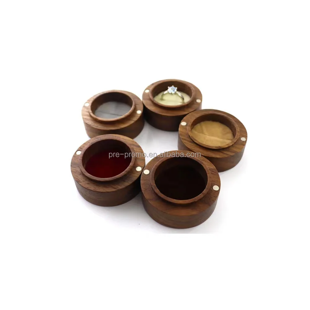 Wholesale 50mm Wedding Favors Display Mini Round Walnut Wood Ring Box
