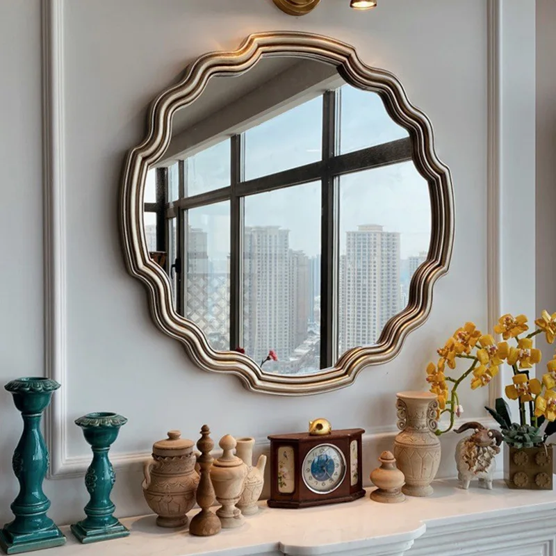 Customized vintage geometry wall decor frame arched gold charging makeup vanity mirror with LED lights for living room bathroom