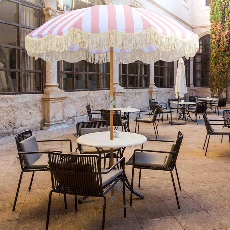 Luxury Beach Shade with Tassel Wooden Promotional Outdoor Beach Parasol Umbrella Sombrilas