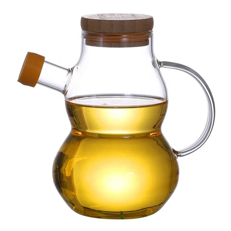 Стеклянный диспенсер для пищевого масла ручной работы с деревянной крышкой