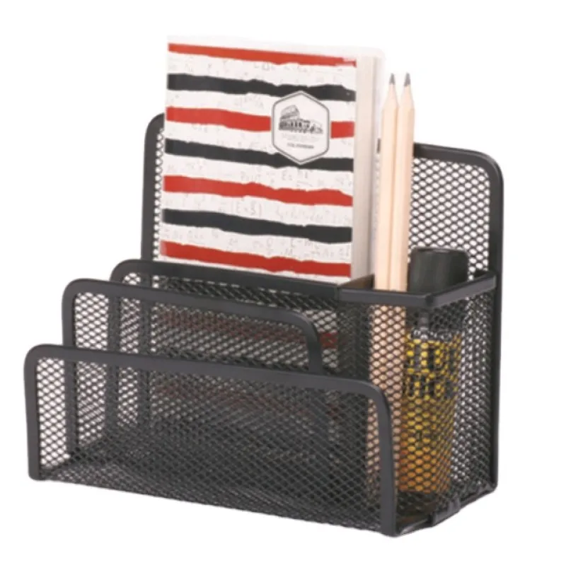 School Office Supply Customized Package Black Wire Mesh Metal Iron 4 Slots Table Desktop Pen Holder Letter Holder