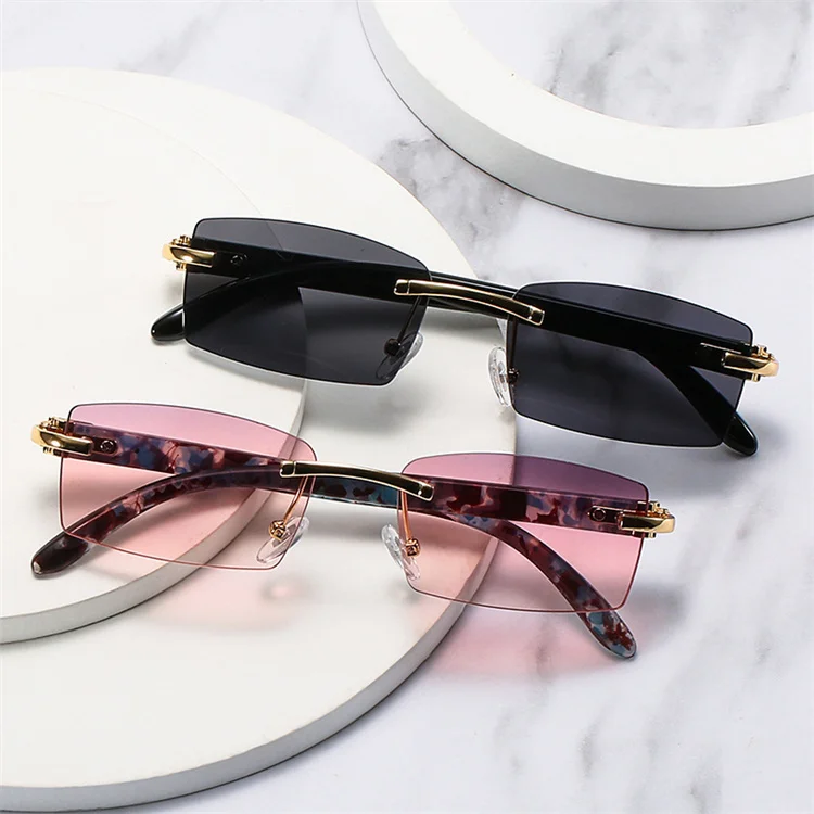 Custom Men Ivory Color Buffalo Horn Small Square Pearl Rhinestone Diamond Shades Bling Retro Trendy Rimless Sunglasses Women