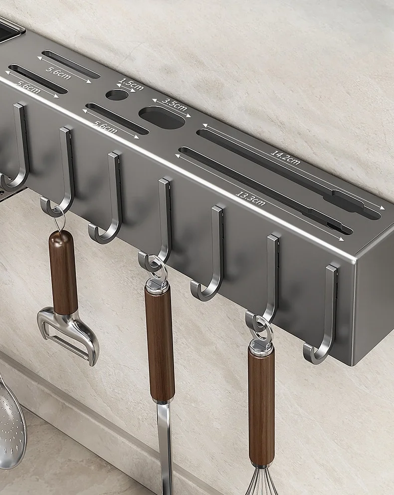 Removable Wall Mounted Kitchen Organizer Knife Holder with Multiple Stands and Hooks Space-saving