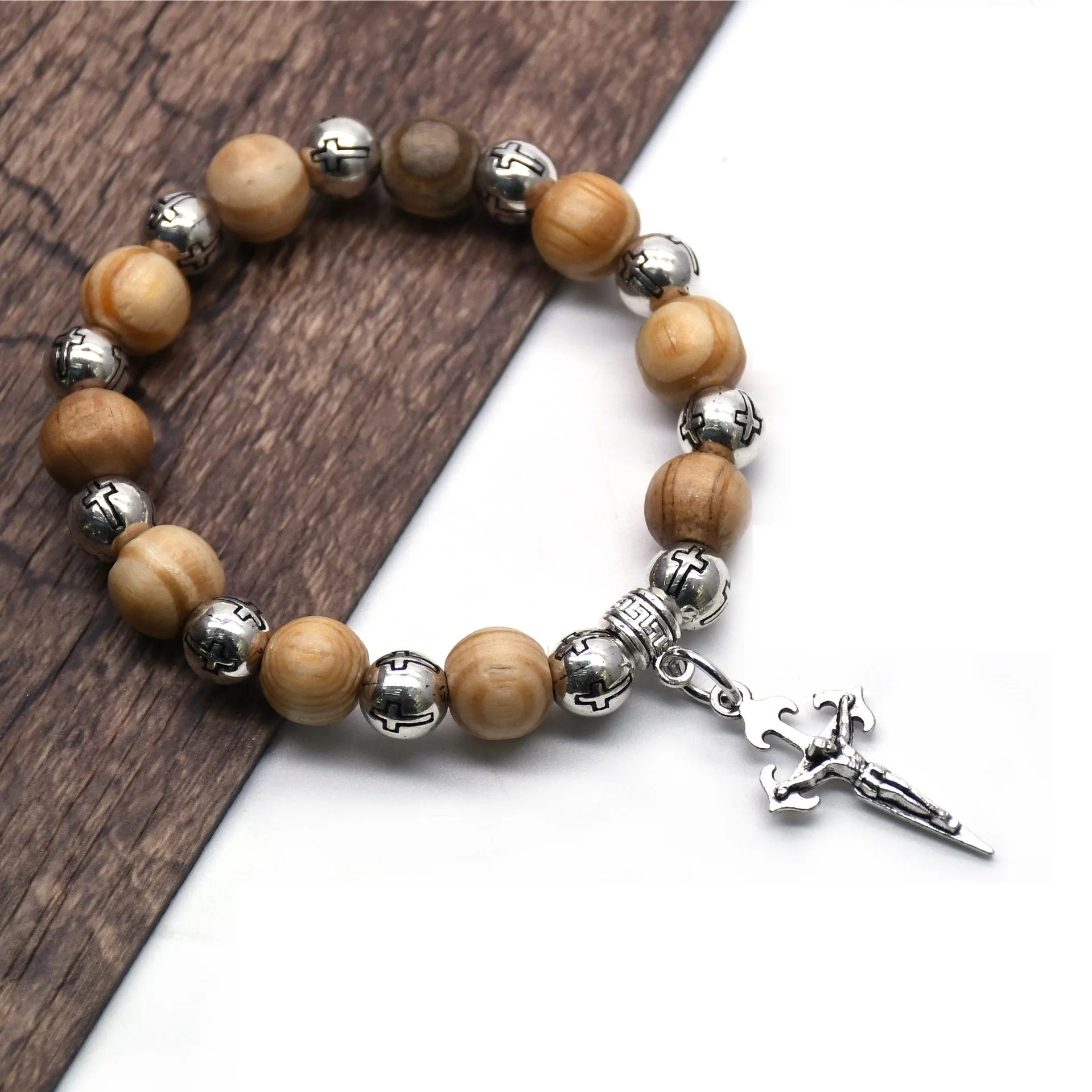 2022 New Design Wooden Bead Macrame Cross  Wood Beads Catholic Rosary Bracelet