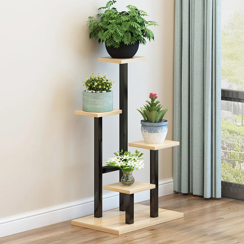 Living Room Decorative Multi-Layer Green Dill Floor Type Steel Wood Balcony Wrought Iron Flower Pot Rack Indoor Wall Shelf