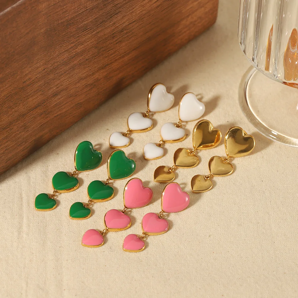 Oil Dropping Green White Pink Love Heart Pendant Earrings 18K Gold Titanium Steel Long Drop Dangle Earrings Jewelry