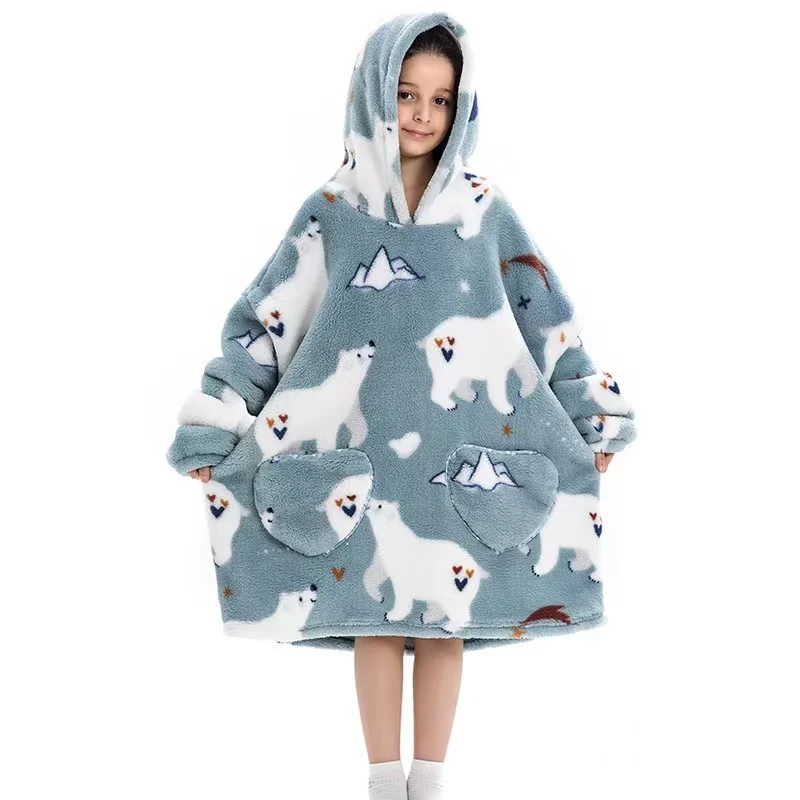 Blanket hoodie wearable blanket sweatshirt oversize thermal jumper lazy hoodie for children warm nice print hoodie blanket