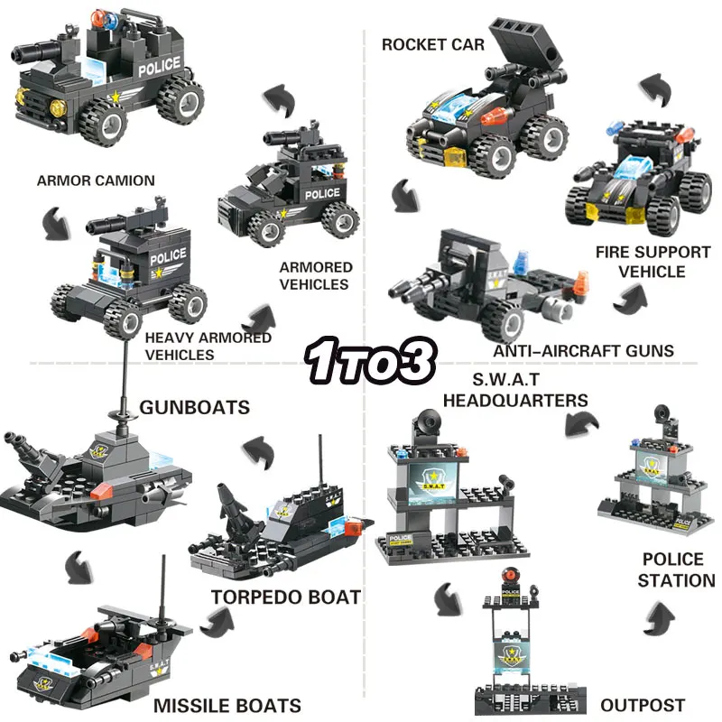 725pcs 8 IN 1 City SWAT Truck Car Robot Building Blocks Compatible Legoinglys City Police Station Bricks Toys for Boys Children