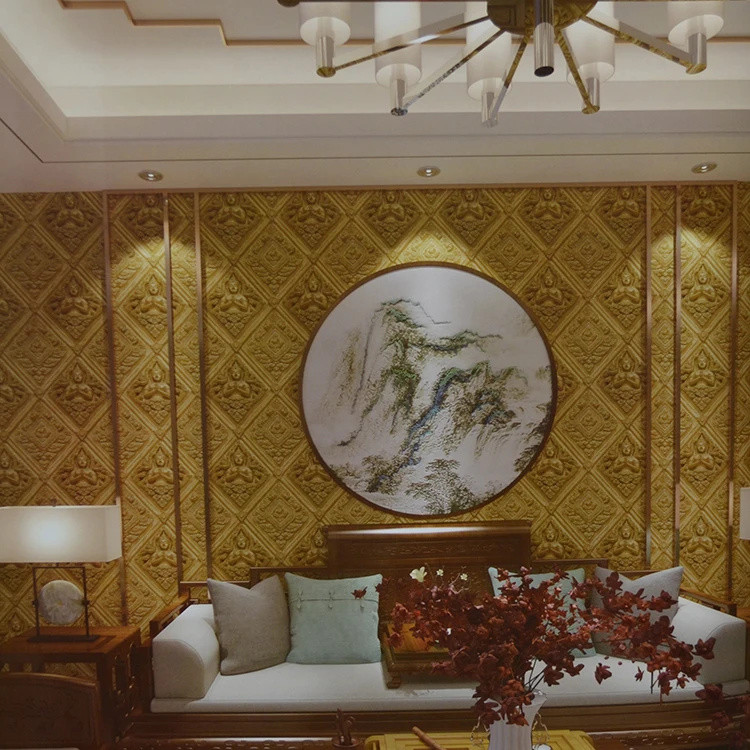 Wholesale pvc wallpaper 3d golden Buddha graphic wallpaper decorative background wallpaper use for home improvement