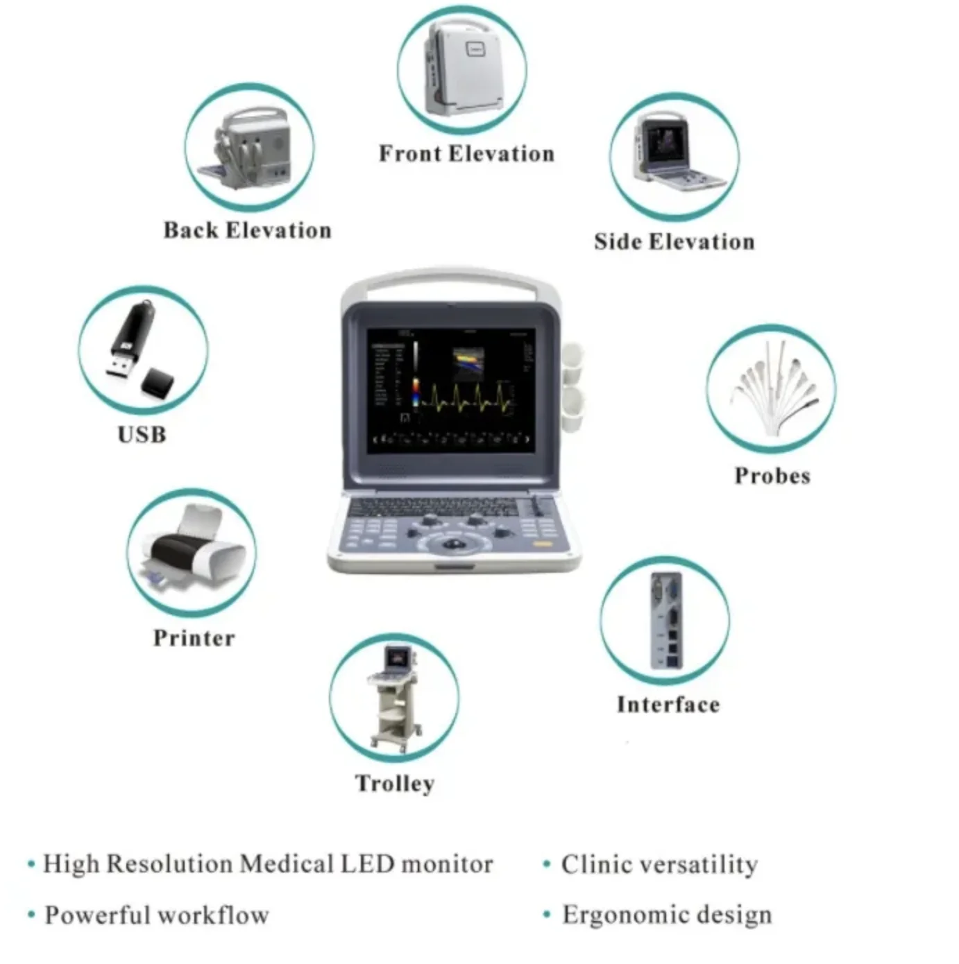 Color Doppler Ultrasound Echcardiogram 80 Elements Portable 12 Inch LED Display 2 Probe Interface Doppler Ultrasound Scanner