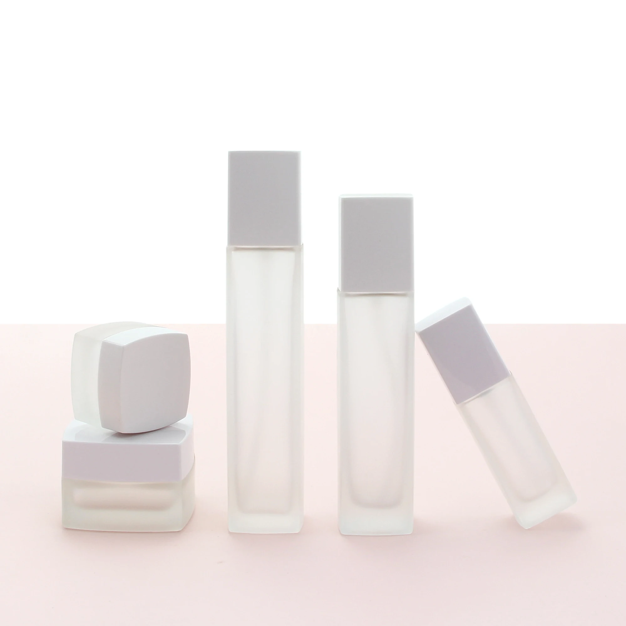 Wholesale thick bottom rectangle frosted glass cream jar and body lotion pump bottle for skincare packaging