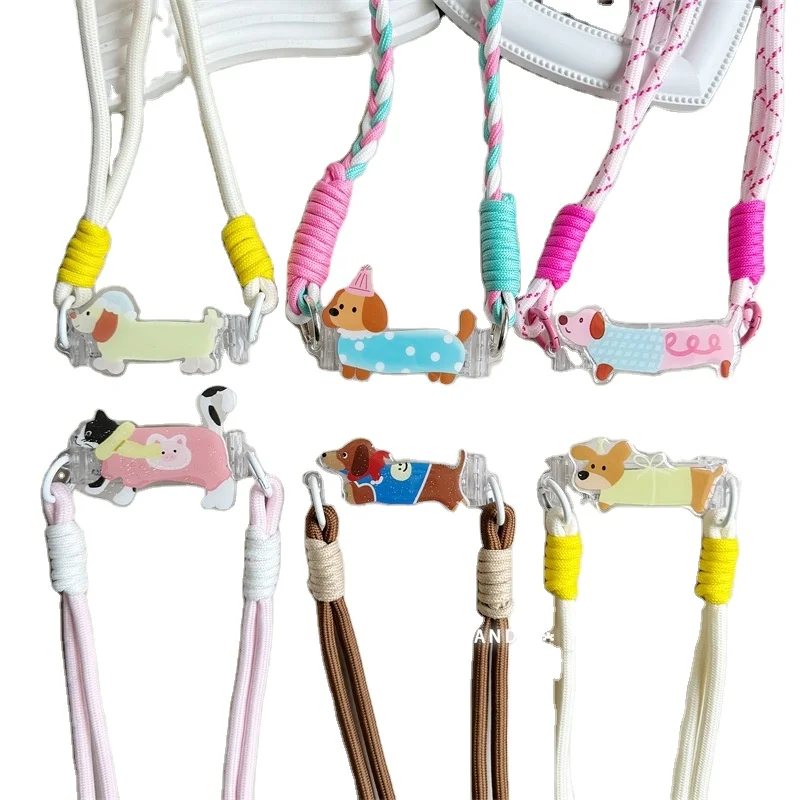 Blue check clothes pink sausage dog back clip phone lanyard diagonal span long rope hanging shoulder