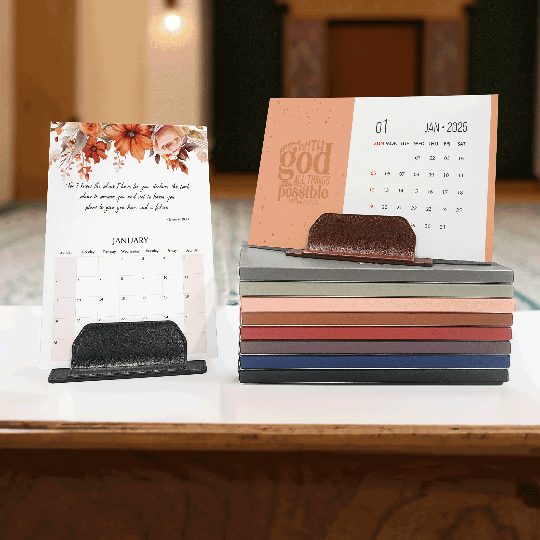 Low Price Custom Mini Desktop Calendar Monthly Pu Leather Card Base Planner English Arabian Bible Verses Calendars With Stickers