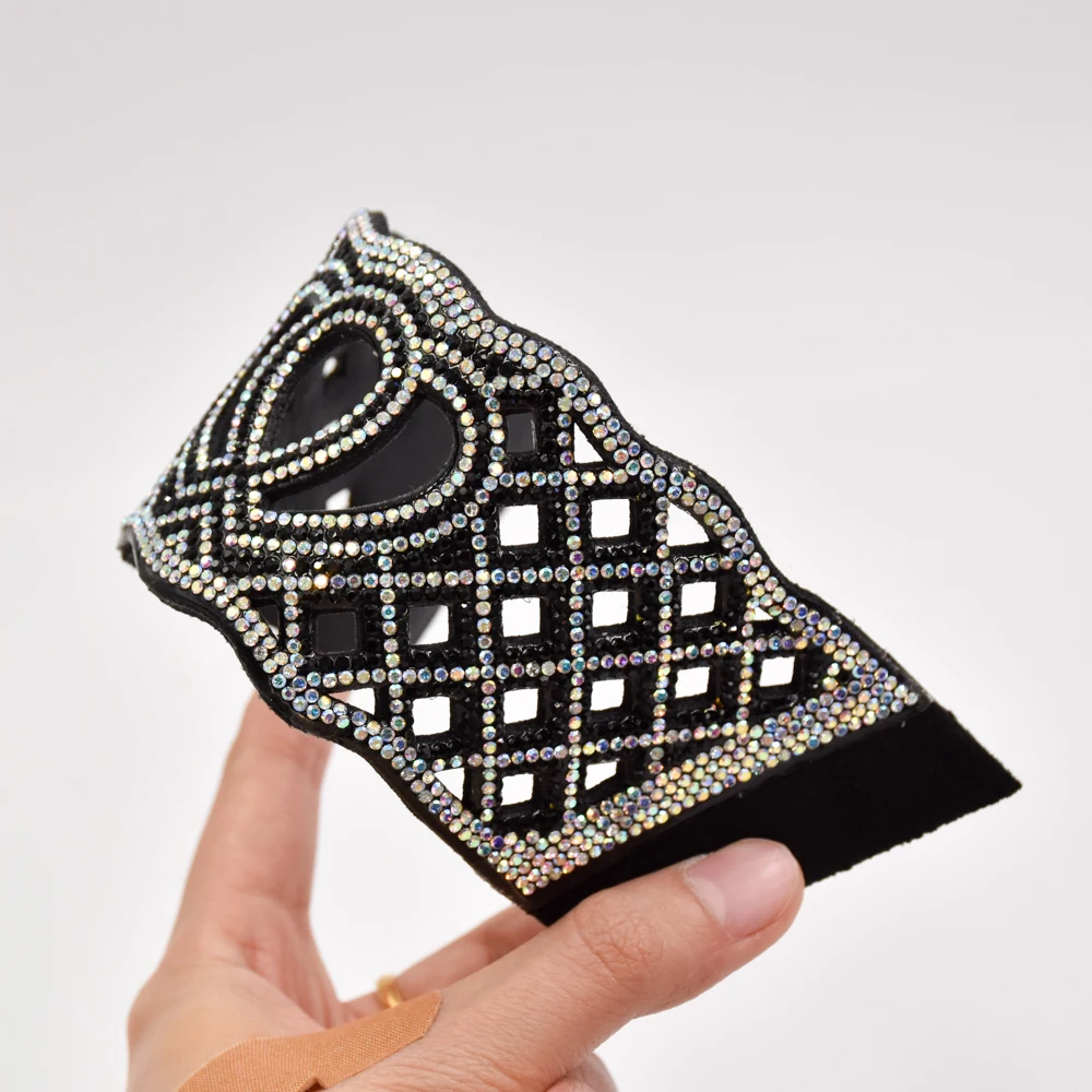 Latest customized designs semi-finished woman PU suede shoe upper bling glass decoration rhinestone strip shoe upper materials