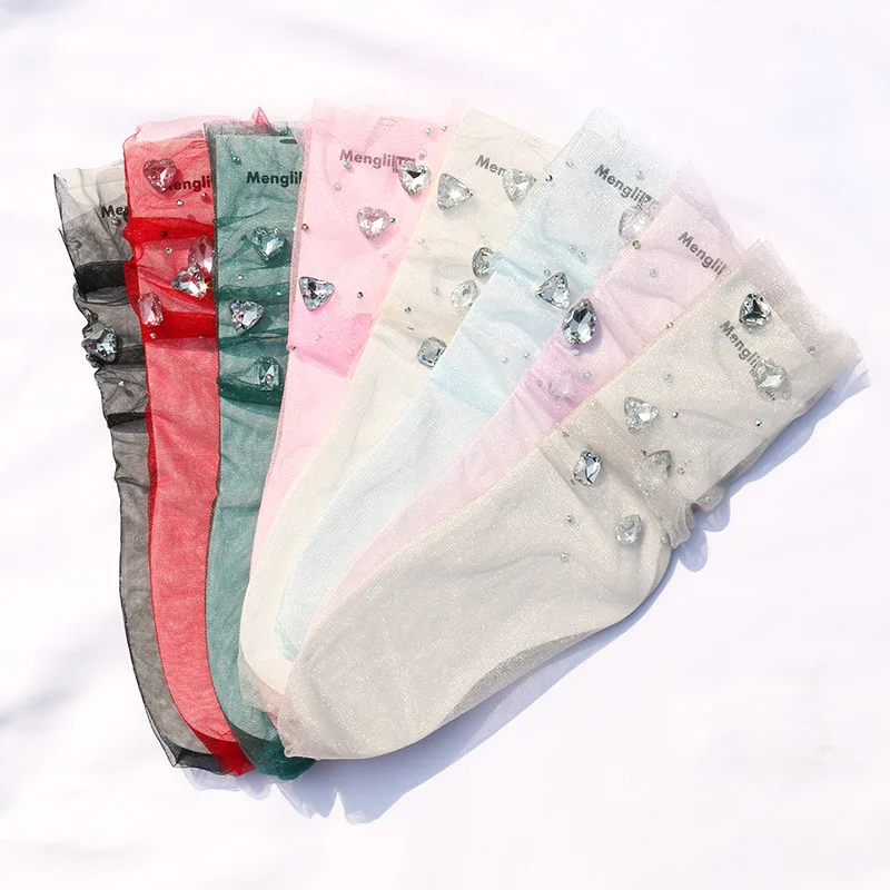 Transparent lace Breathable Crew Ladies Socks Star Sparkling Rhinestone Heart Shaped Lace Mesh Socks For Girls