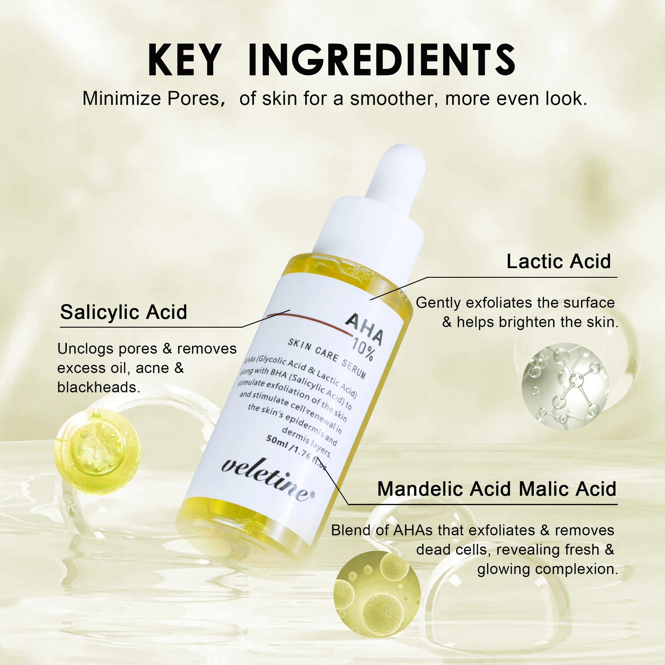 OEM Skincare Serum Organic Brightening AHA Face Serum Private Label Custom Exfoliating Moisturizing Serum for face