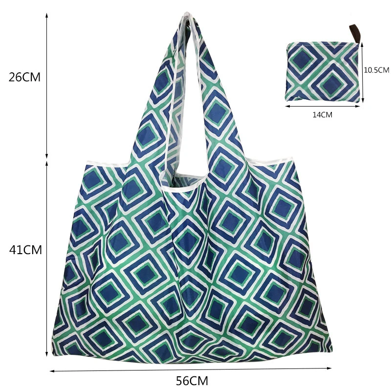 Low MOQ 210D Polyester Large Size 56x41cm Reusable Foldable Grocery Bag For Supermarket Shopping With Banana Leaf Print