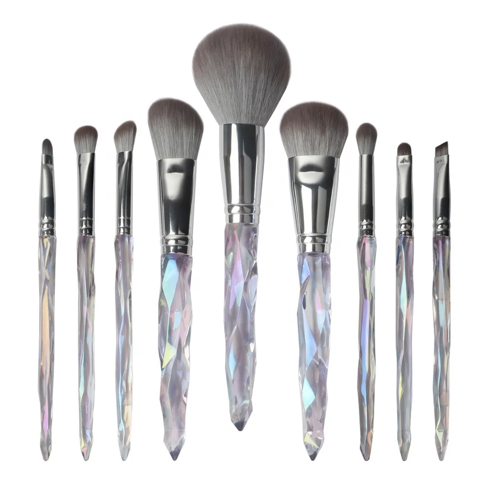 9pcs Cosmetic Brush Plastic Transparent Acrylic Clear Handle Vegan Synthetic Hair Crystal Diamond Makeup Brush Set Custom Logo