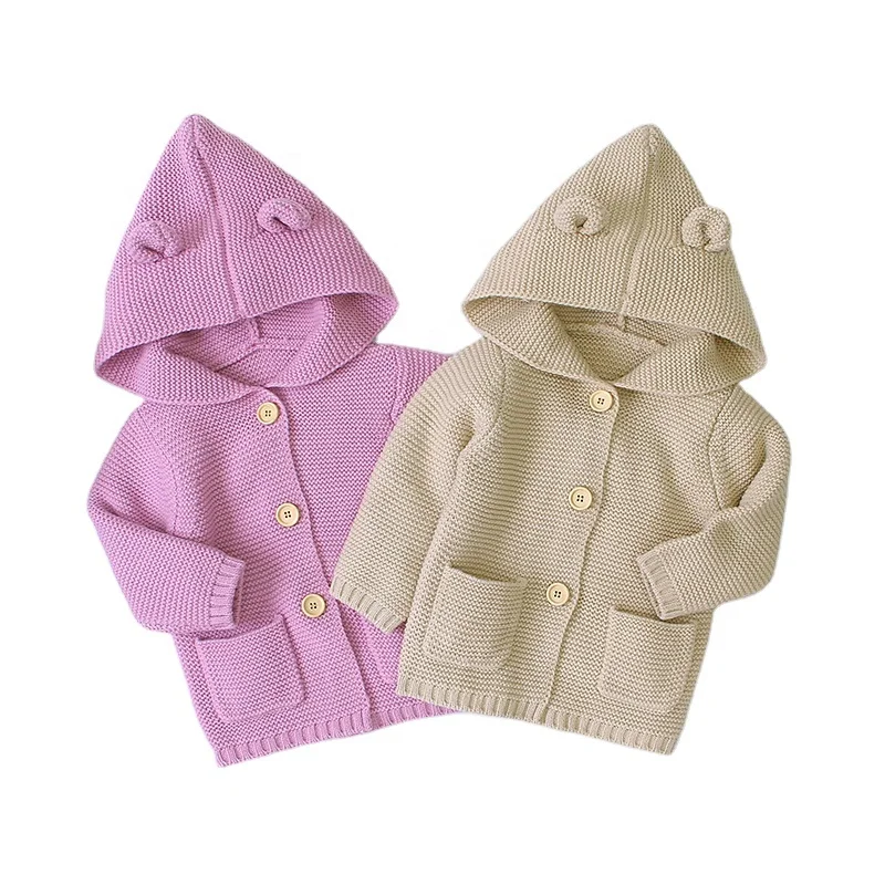 Plain Long Sleeve Hooded Bear Ears Cardigan Baby Clothing Gift Set