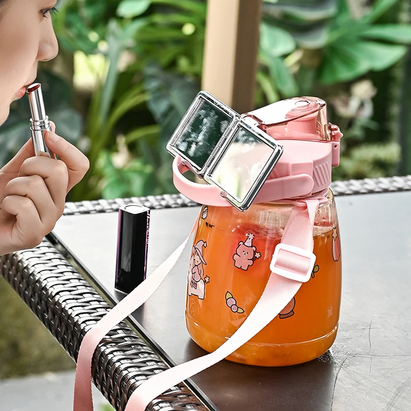 1300ml portable and cute plastic large belly water bottle with straw,the handle can be used as a phone holder