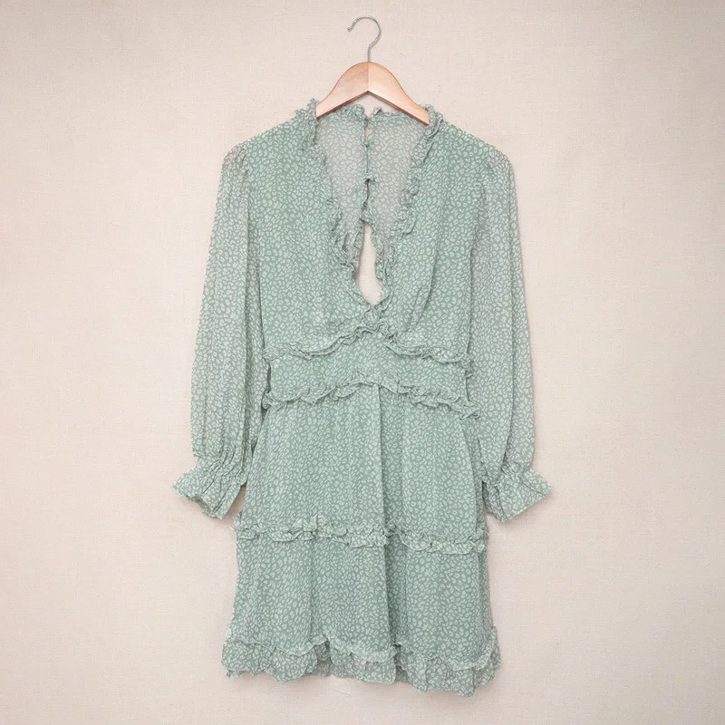 Fall 2021 Womens Plus Size Clothing Summer Women Clothes Deep V Neck Ruffle Long Sleeve Floral Elegant Mini Party Casual Dress