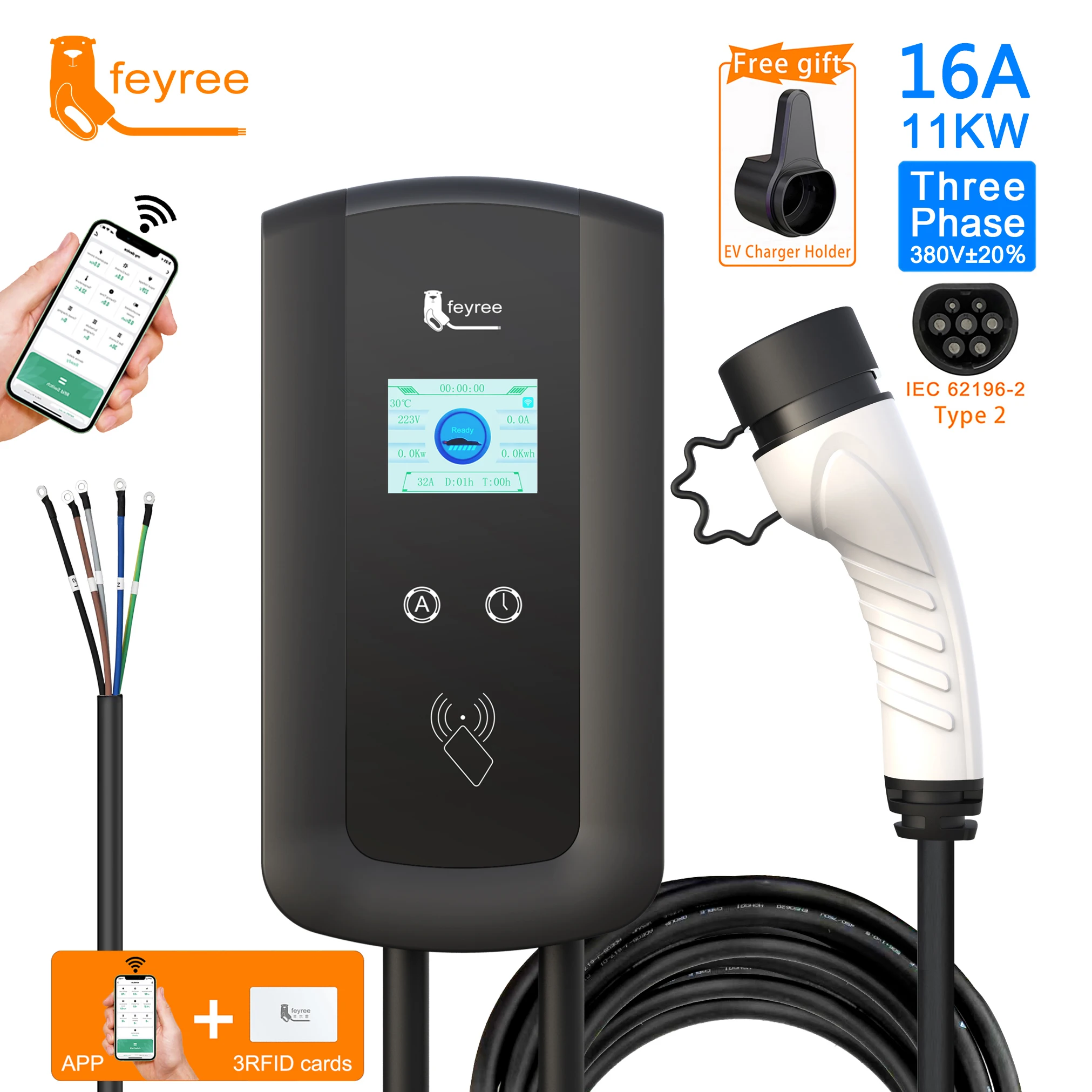 Electric Car Type 2 Plug 7KW 32a AC home EV Charger Wallbox wifi App IEC 62196 EV Charging station
