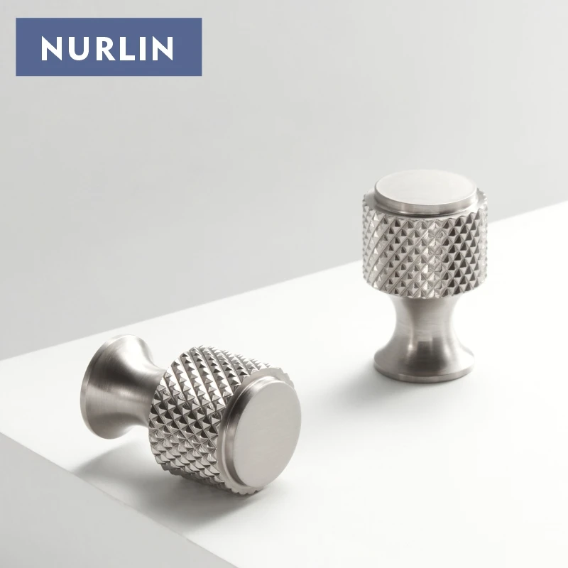 Nurlin New Solid Brass Diamond-cut Cross Knurl Pattern Nickel Drawing Brushed Nickel Matt Silver Cabinet Knobs Handles