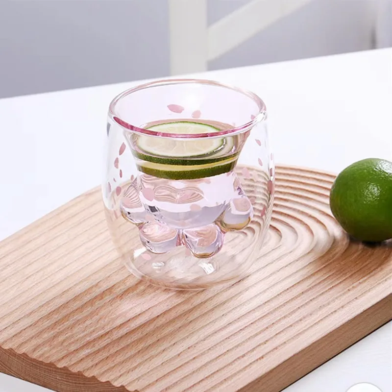 Cherry blossom pink girl cat claw cup high borosilicate glass double layer cup heat proof coffee milk juice cup