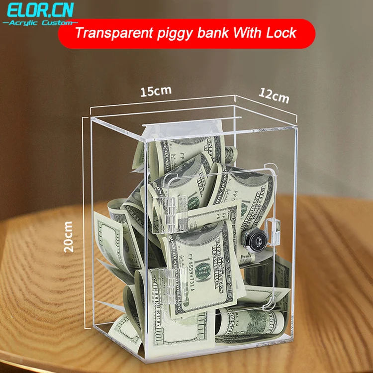 Elor Customized Transparent Acrylic Square Piggy Banks With Lock For Children Saving Money Collection Box For Adults