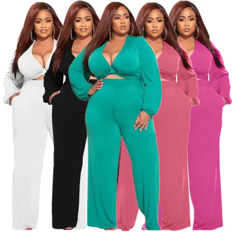 2022 Women Clothes Plus Size Two Piece Set Front Tie Crop Top Wide Leg Bottom Jogger Pants Set Sexy Sweatsuit Elegant Tracksuit
