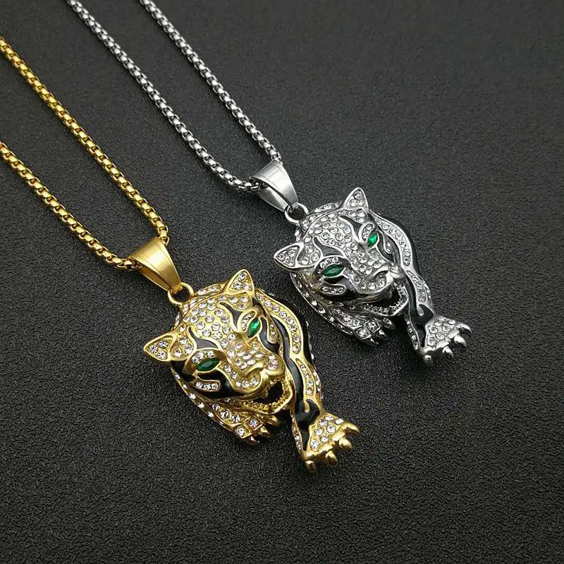 New Hip Hop Hiphop Jewelry Titanium Steel Gold Plated Diamond Leopard Head Pendant Necklace