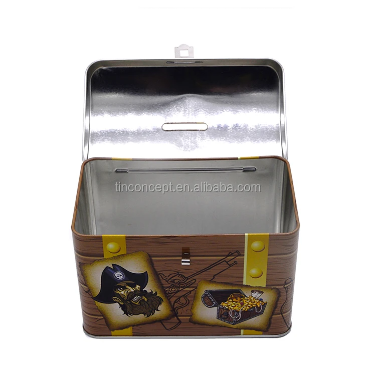 Exquisite Hinged Lid Coin Bank Tin Can For Children