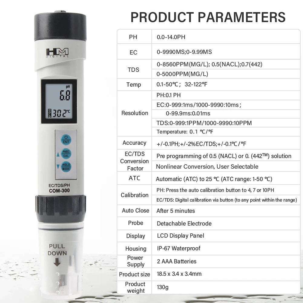 Цифровой COM300 EC TDS PH 4 в 1 комбинированный измеритель температуры тестер водонепроницаемый с ATC