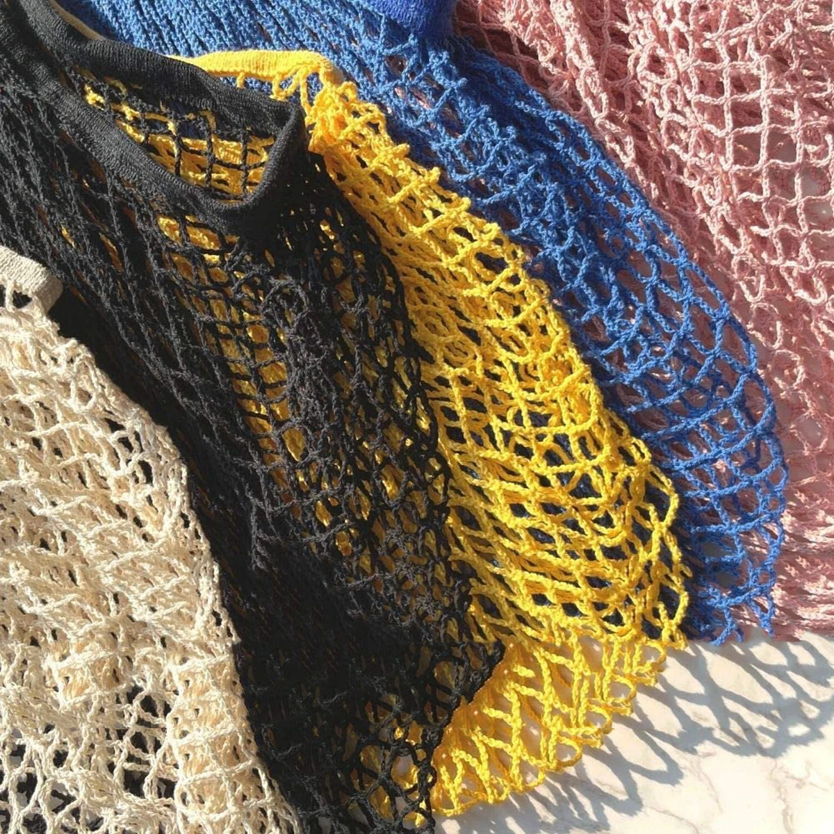 Portable Reusable Net Grocery Bags String Organic Drawstring Cotton Mesh Tote Bags for Fruits and Vegetables with Handle